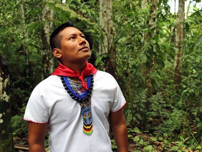 A Cofán man looks to the horizon thoughtfully inside the forest.